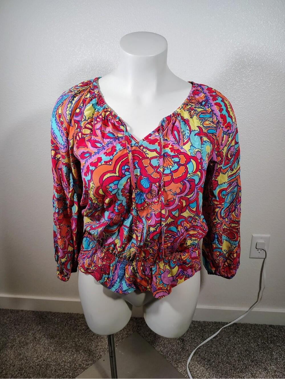 Lily Pulitzer Sz L Women Blouse Multicolor floral long Sleeve 100% Silk Boho - Picture 2 of 9
